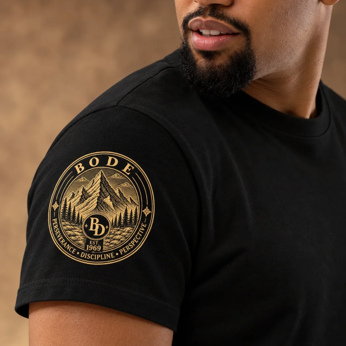 Buddha 2, Black, sleeve badge on model
