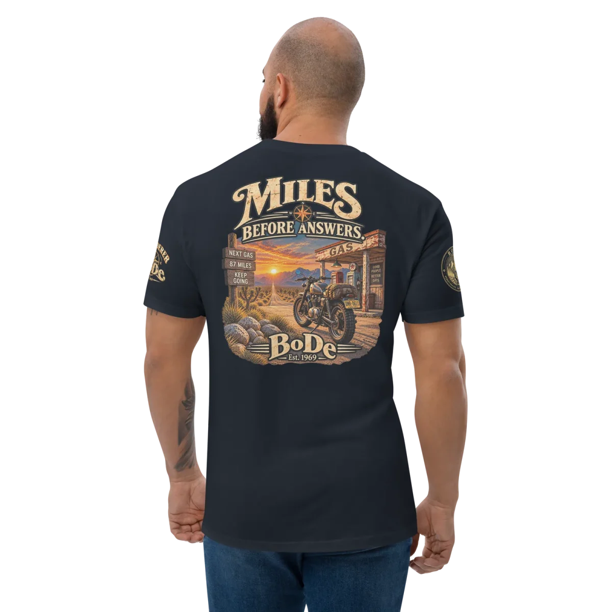 Miles, Midnight Navy, back, worn